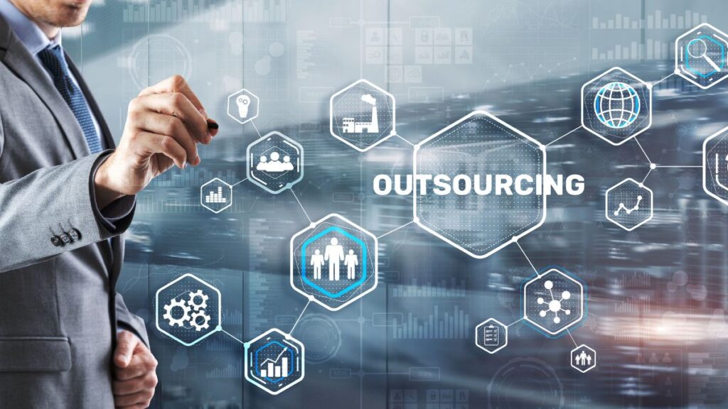 Businessman Interacting With Outsourcing Illusions