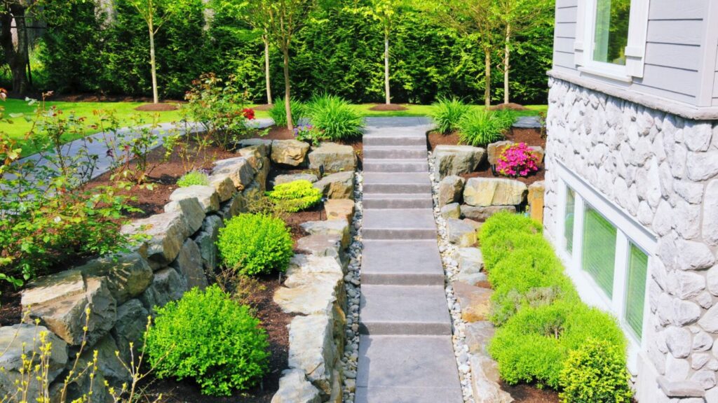 Landscaped garden with stone steps and retaining walls