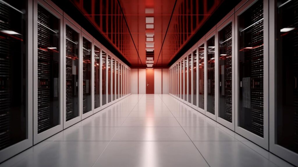 modern data center server racks in technology facility