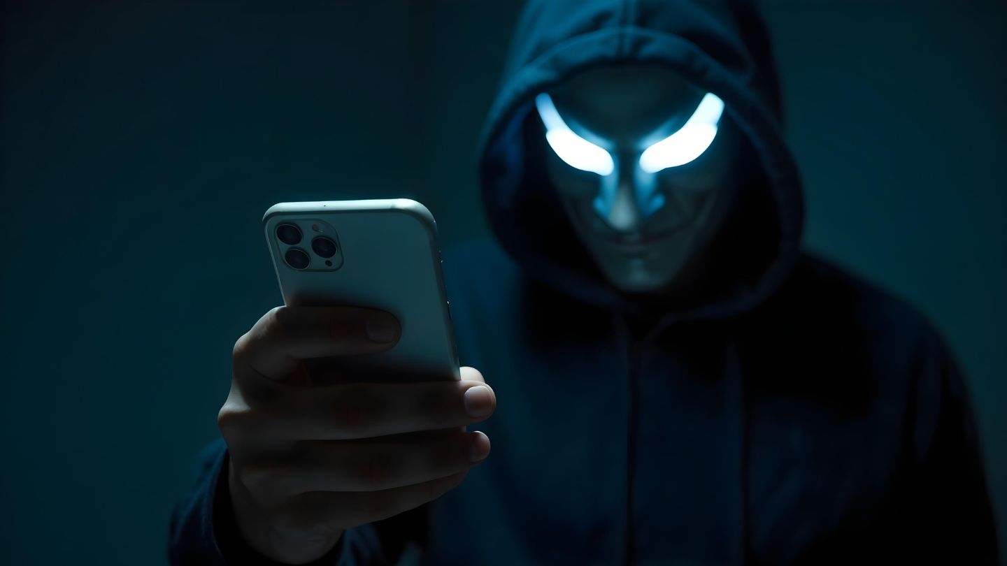 Person with Mask Holding Phone 